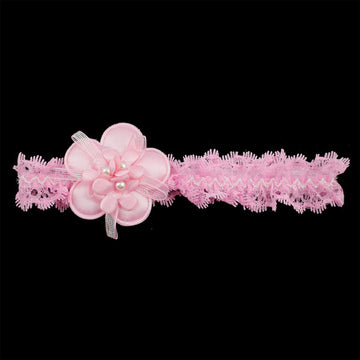 Girls Lace Stretch Headband with Flower and Pearls Pink